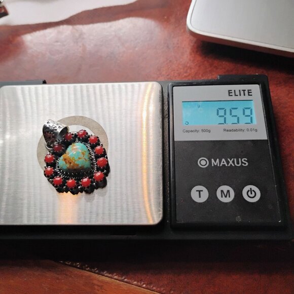 Southwest Turquoise Heart Stone Snake Eye Red Coral Stone Cluster Pendant - Picture 5 of 6